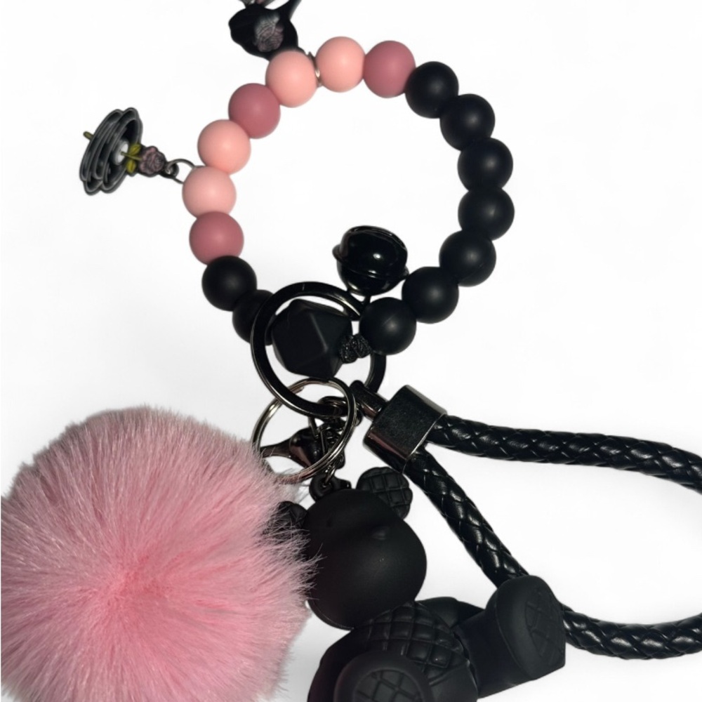 Pink & Black Beaded Pom-Pom and Black Bear Keychain Wristlet - Picture 6 of 7